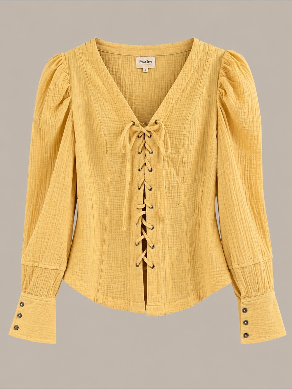 Peach Love California Yellow Lace-Up Peasant Blouse
